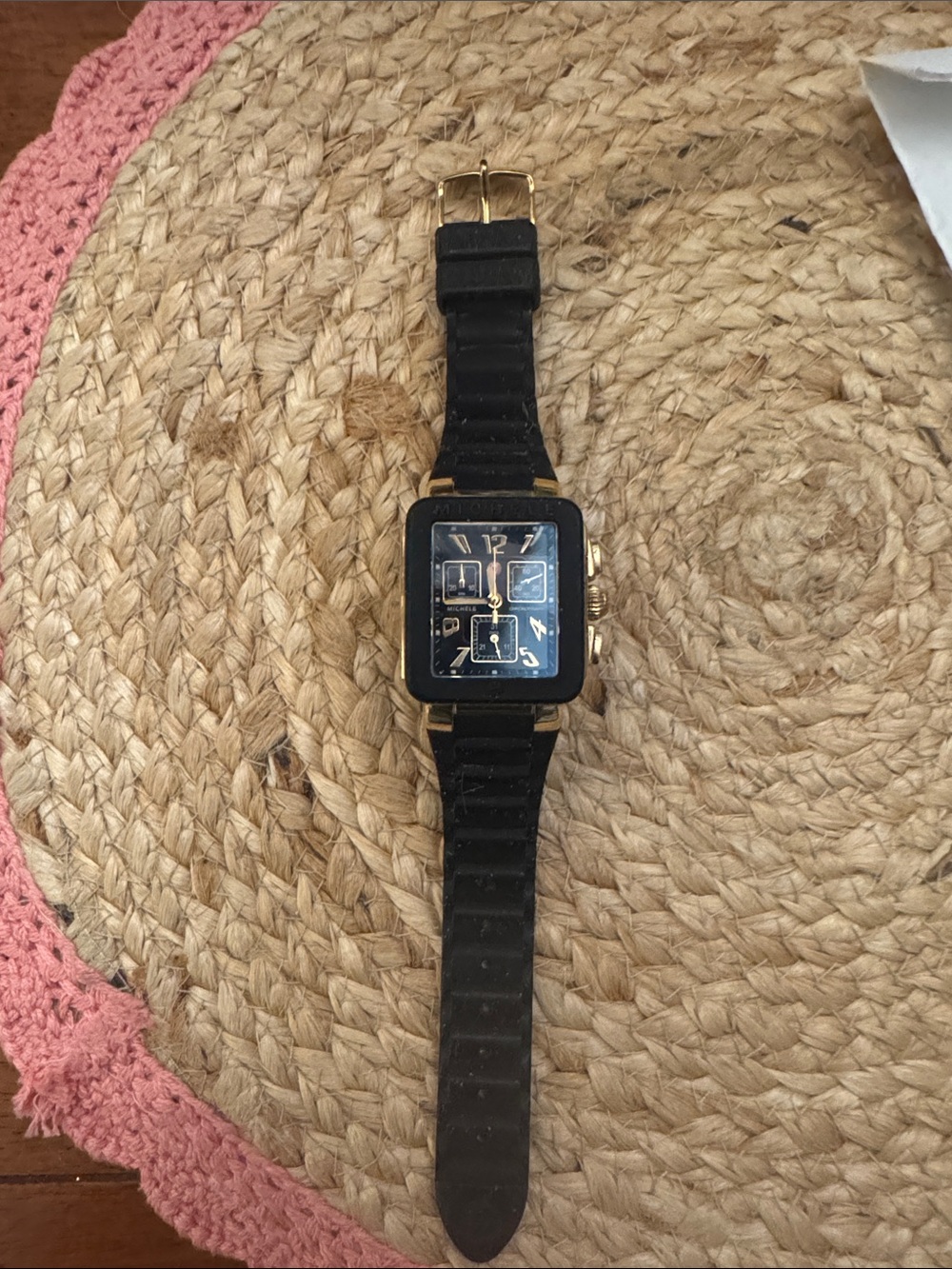 Michele Black and Gold Square Chronograph Watch in working order